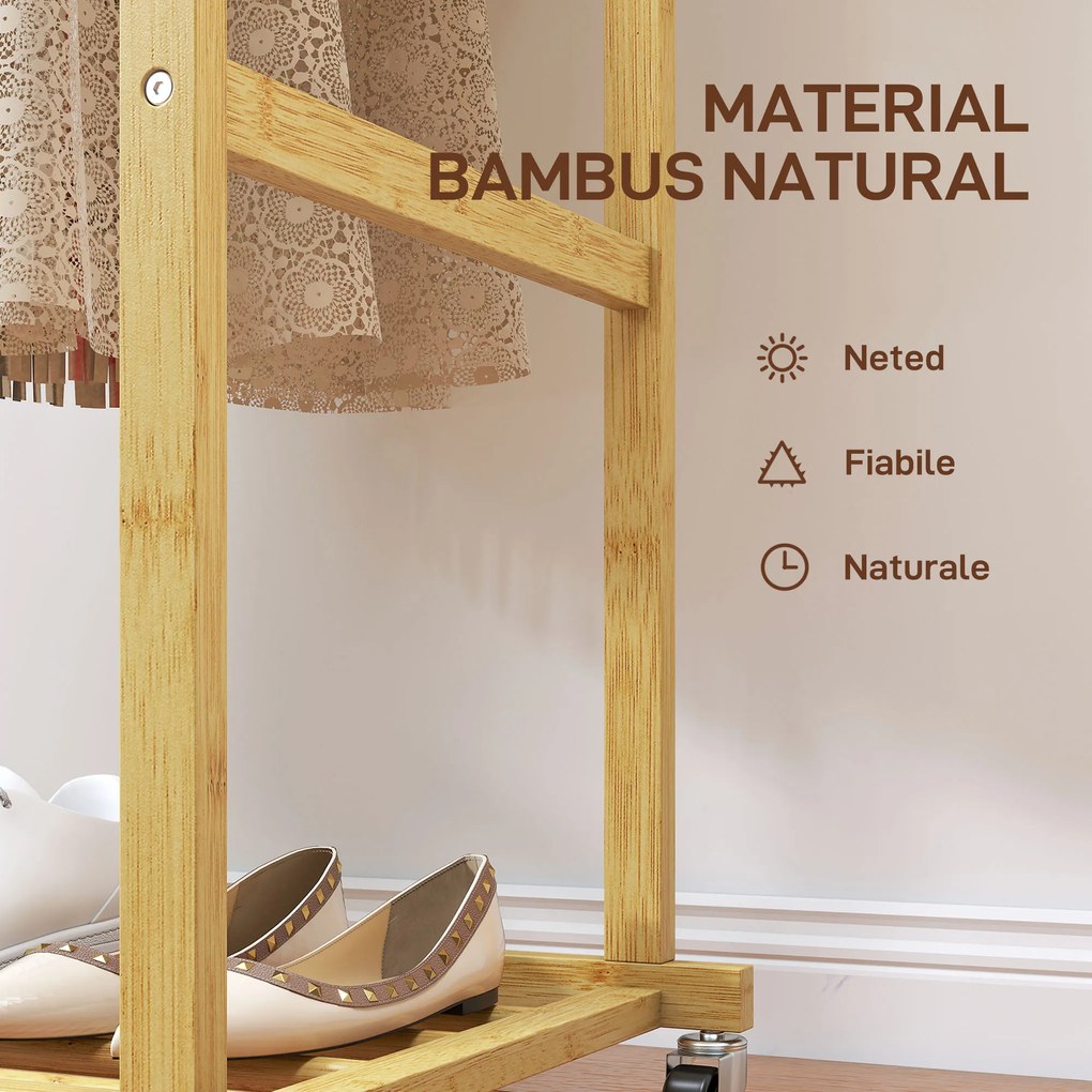 HOMCOM Suport pentru haine cu 2 bare, raft inferior și 4 roți din bambus, 80x40x160 cm, lemn natural | Aosom Romania