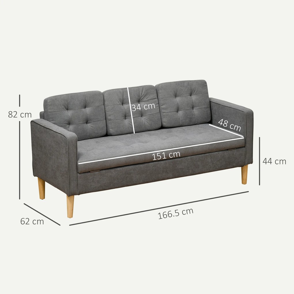 HOMCOM Canapea 3 Locuri Moderna din Tesatura Gri cu Compartiment de Depozitare | Aosom Romania