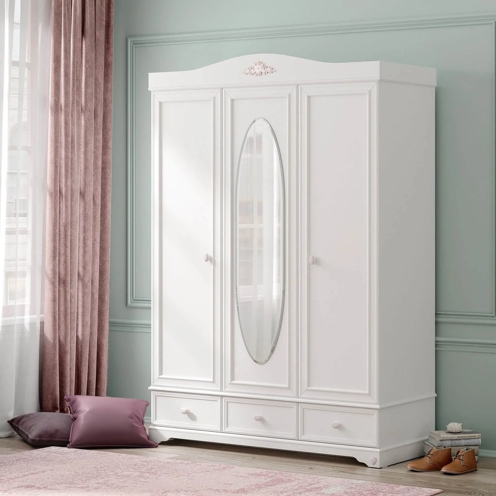 Dulap Cilek, 3 usi, oglinda inclusa, 140x60x204 cm, PAL alb, colectia Rustic White