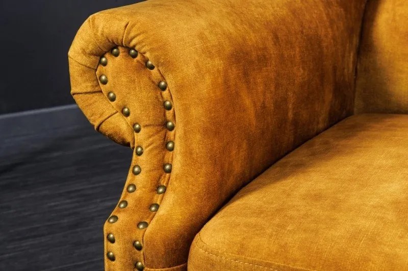Fotoliu stil englezesc Chesterfield, catifea galben mustar