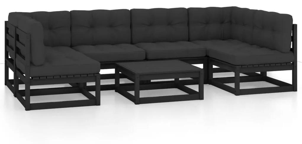 3077183 vidaXL Set mobilier grădină cu perne, 7 piese, negru, lemn masiv pin