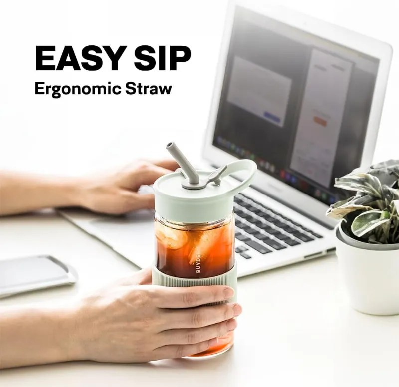 Sticla Buydeem CD1017-OW, 500 ml, Pai incorporat, Rezistenta la scurgeri, Sticla rezistenta la caldura pana la 150°C, Fara BPA, Alb