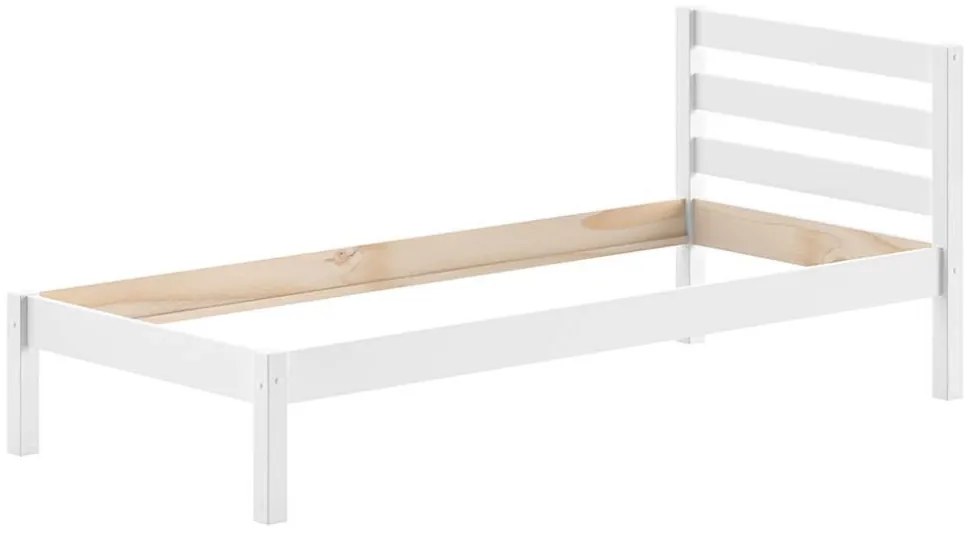 Set PINO în alb format dintr-un Pat copii mezanin (90 x 200 cm) cu un Pat copii de o persoană și somieră rulabilă asortată.