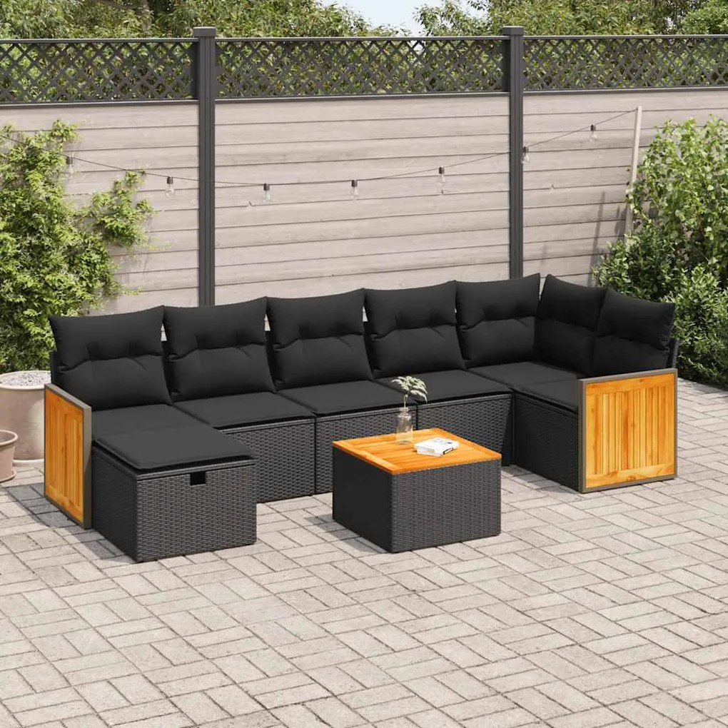 3326045 vidaXL Set mobilier de grădină cu perne, 8 piese, negru, poliratan