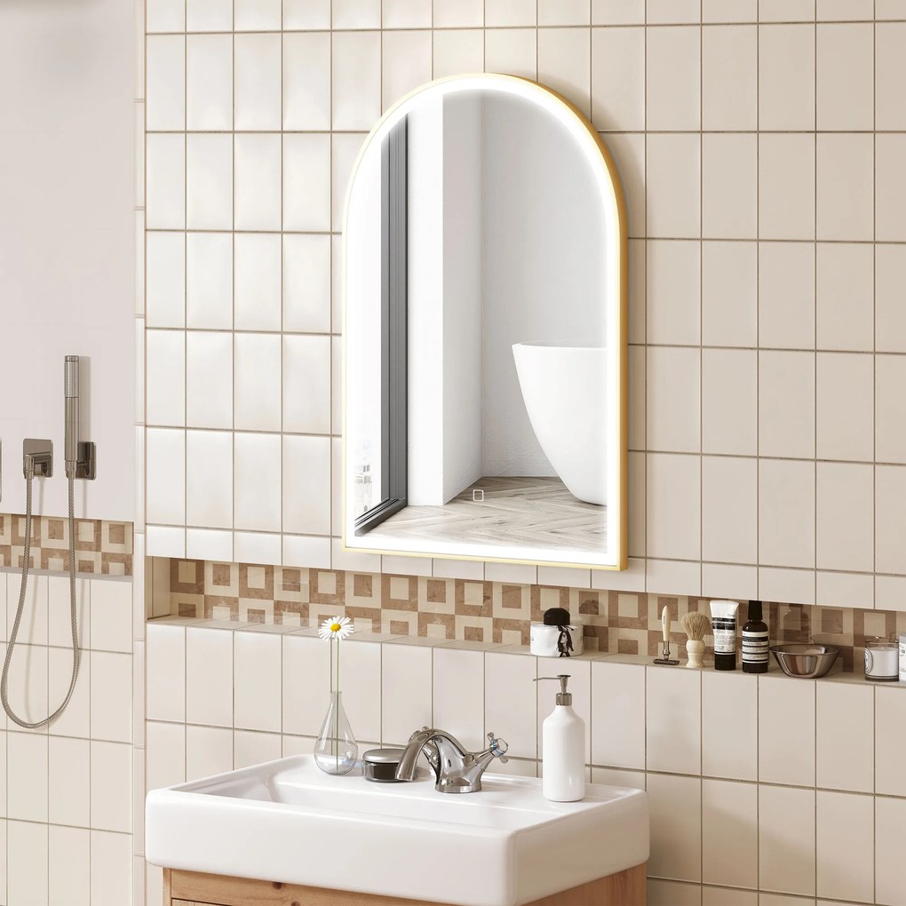 HOMCOM Oglindă de baie LED 90 x 60cm, murală, 3 culori, arcuită cadru din aluminiu, dezmagicire și buton tactil | Aosom Romania