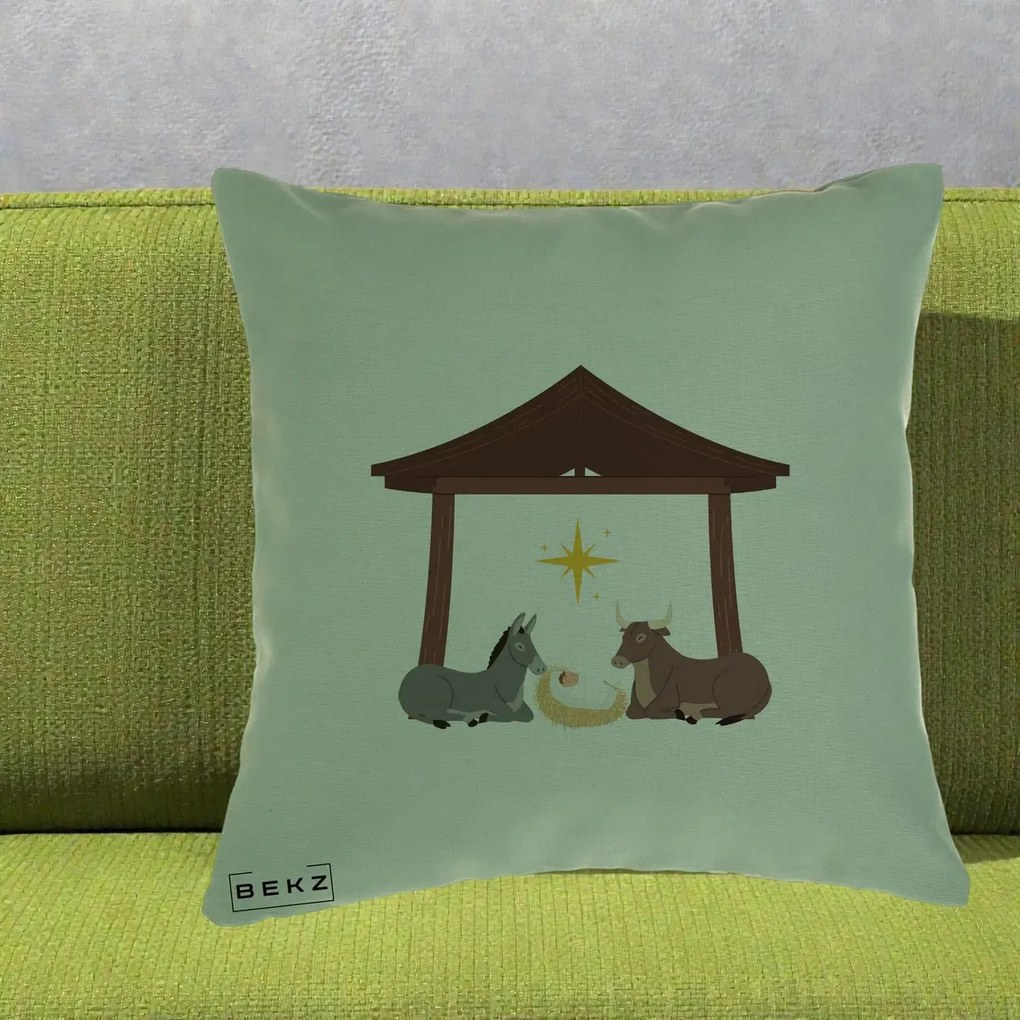 Perna Decorativa Ieslea din Betleem cu Iesle Asin si Bou, 40x40 cm, Verde, Husa Detasabila, Perna Inclusa, BEKZ®