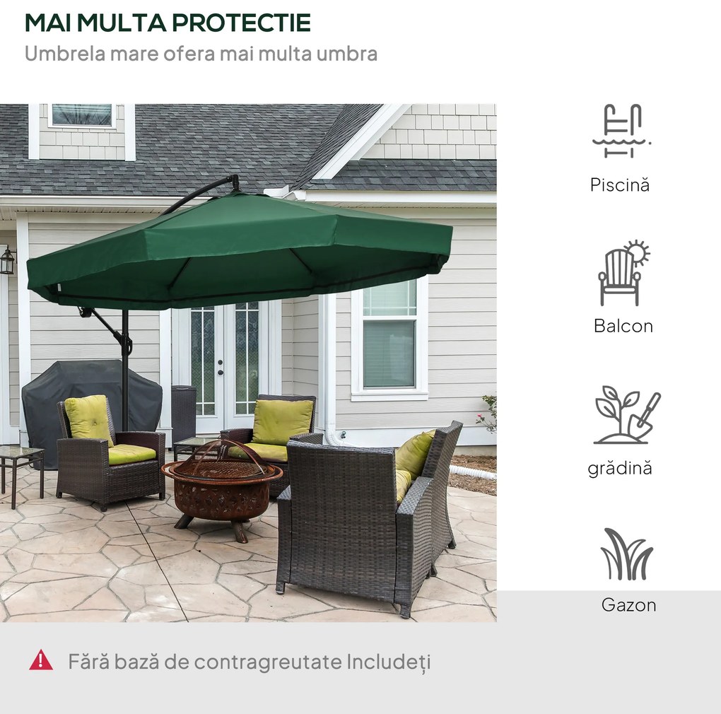 Outsunny Umbrelă de Soare cu Plasă de Țânțari, Umbrelă de Soare cu Deschidere Manivelă și Bază Transversală, 295x295x240 cm, Verde | Aosom Romania