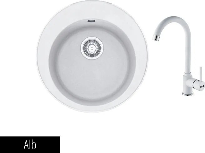 Pachet Franke Chiuveta bucatarie rotunda Fragranite ROTONDO ROG 610 + Baterie chiuveta bucatarie Pola Alb