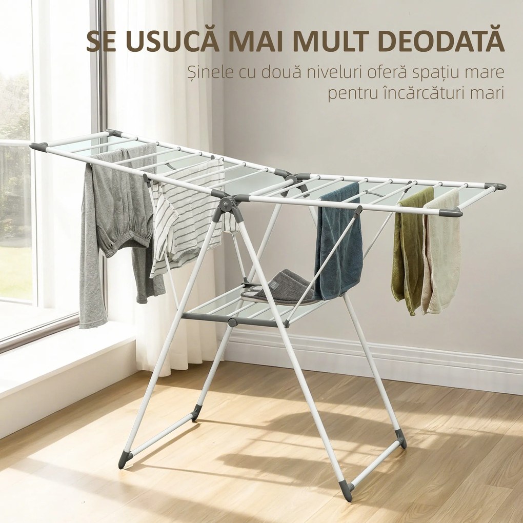 HOMCOM Uscător de Rufe cu 2 Niveluri Reglabil pe 4 Înălțimi Diferite, Uscător din Metal și Plastic, 156.5x61.5x97 cm, Alb | Aosom Romania