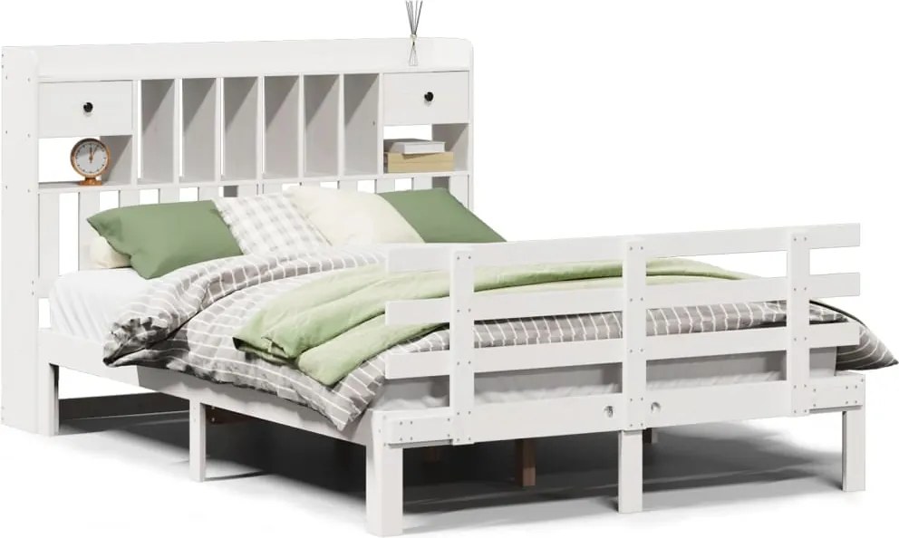 vidaXL Pat cu bibliotecă fără saltea, alb, 140x190 cm, lemn masiv pin