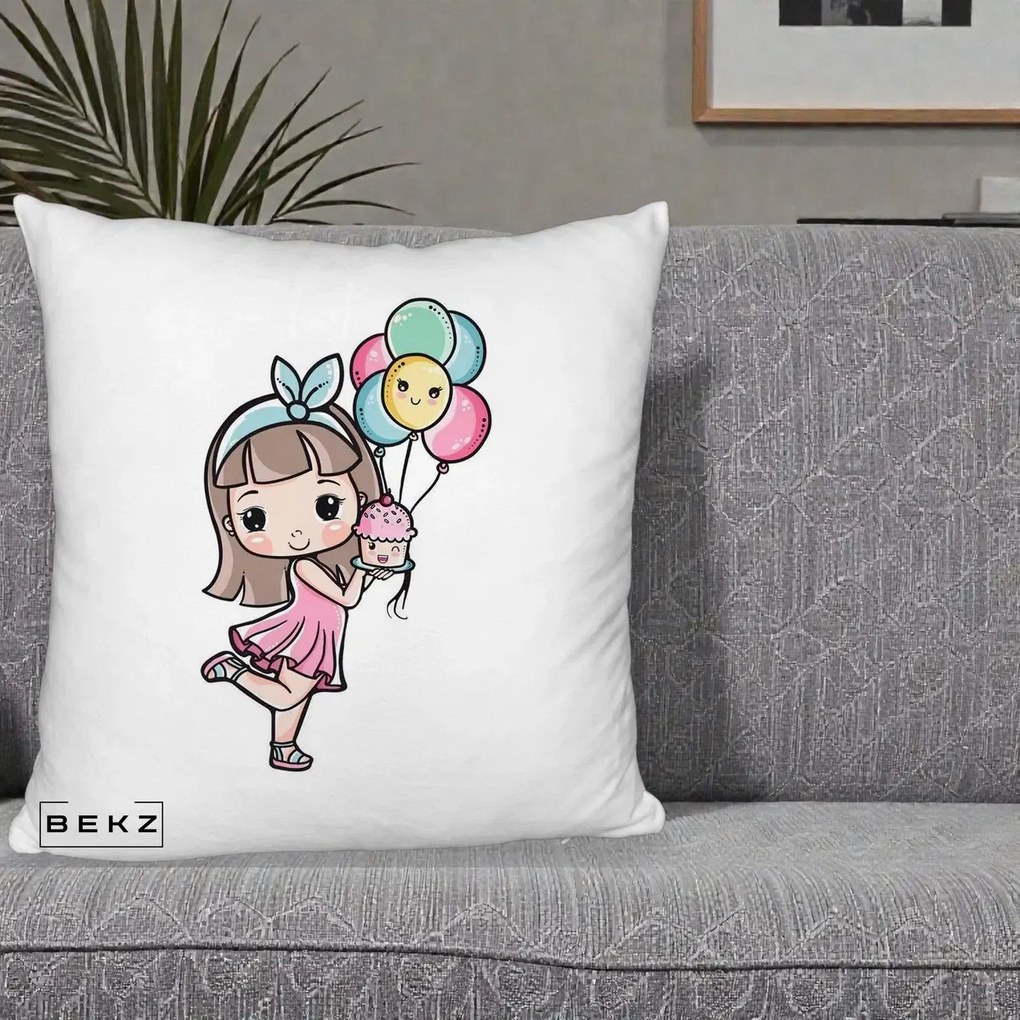 Perna Decorativa Fetita Kawaii cu Baloane si Cupcake, 40x40 cm, Alb Pufos, Husa Detasabila, Perna Inclusa, BEKZ®