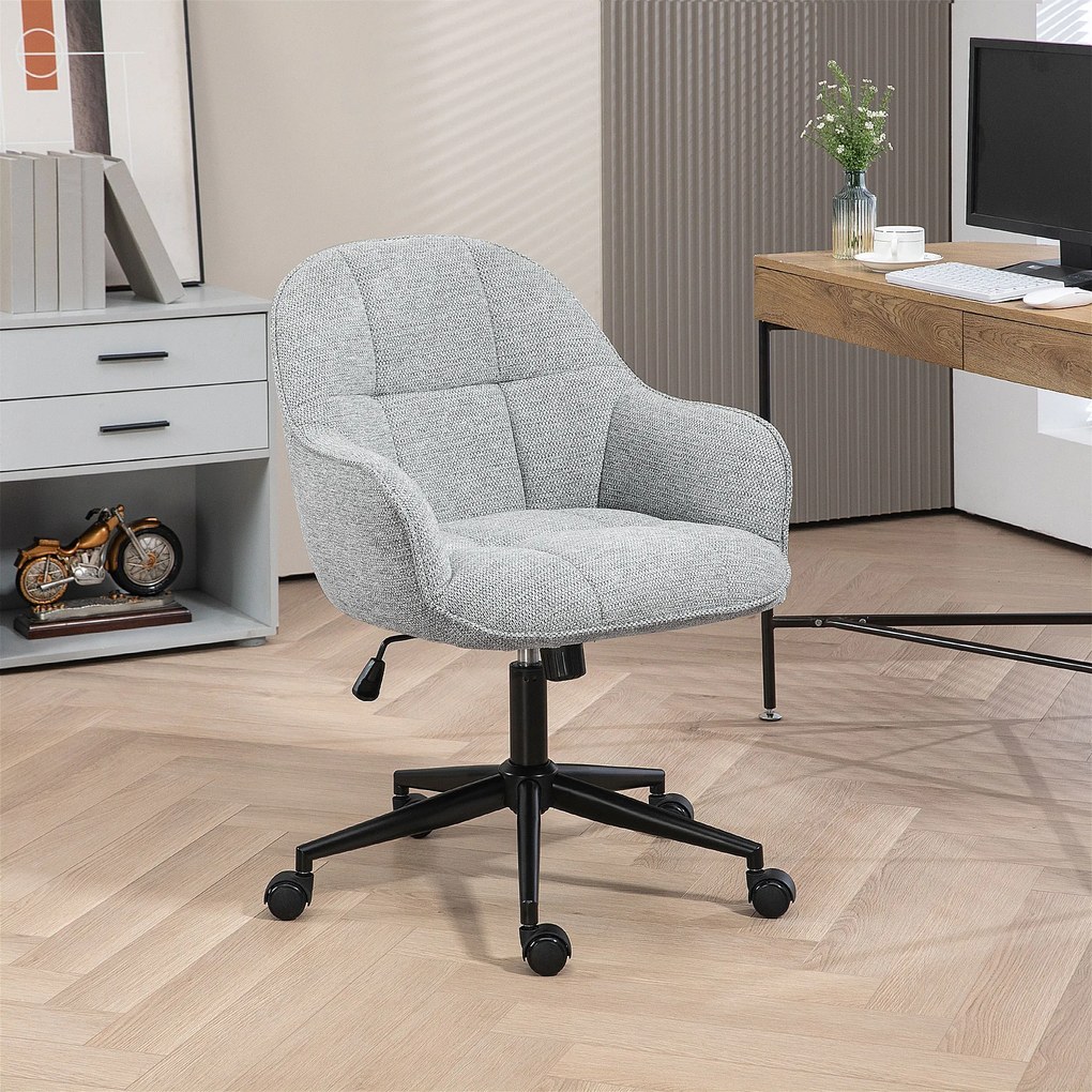 HOMCOM Scaun fauteuil de birou cu spătar și șezut capitonat reglabil în înălțime rotativ 360° bază neagră tapiterie țesătură gri | Aosom Romania