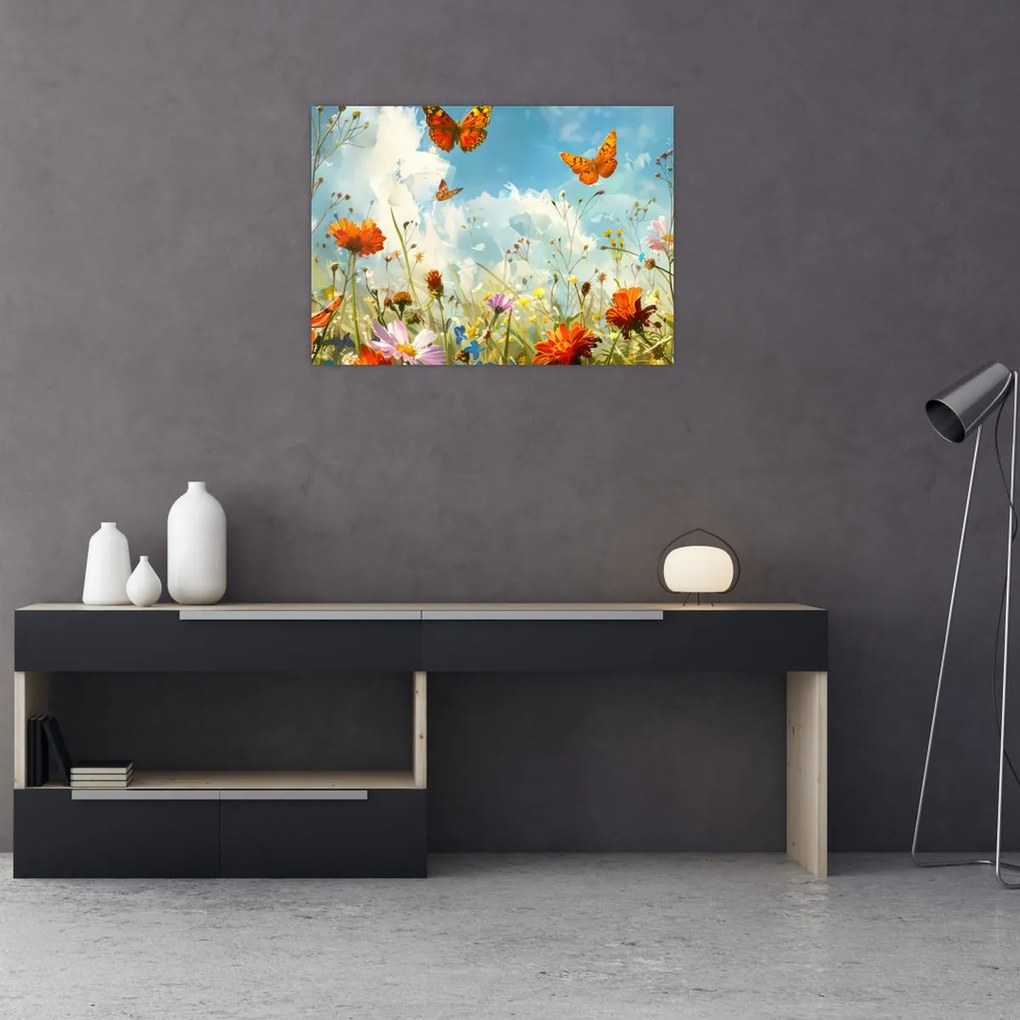 Tablou pe sticlă - Fluturi pe pajiștea de vară (70x50 cm)