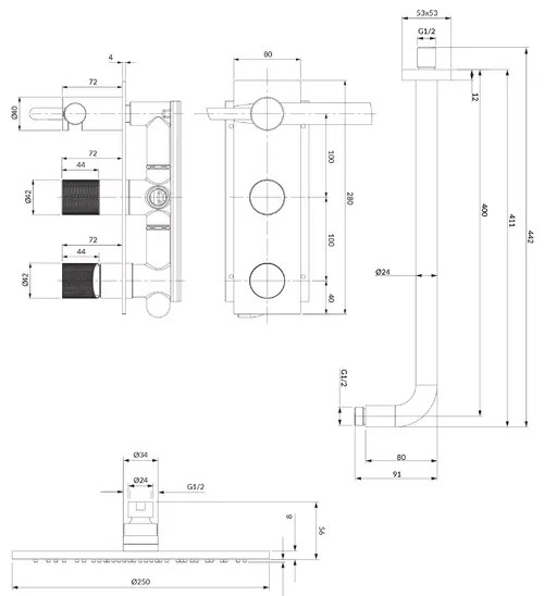 Sistem de dus incastrat cu baterie monocomanda Omnires Contour auriu periat si para cu 1 functie