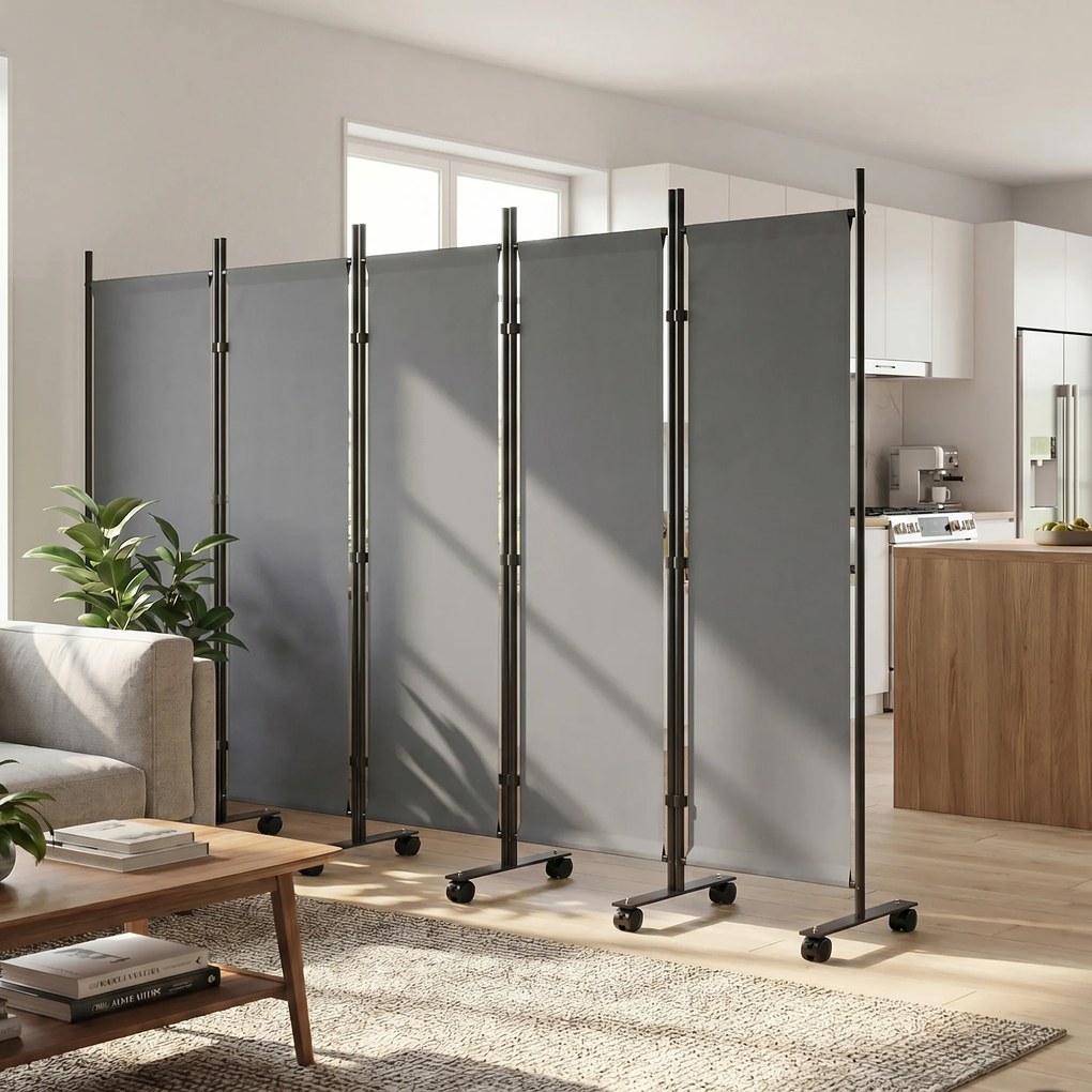 Outsunny Separator de cameră 5 piese 252 x 40 cm Paravan independent cu 12 roți Pliabil Separator DIY Gri închis | Aosom Romania