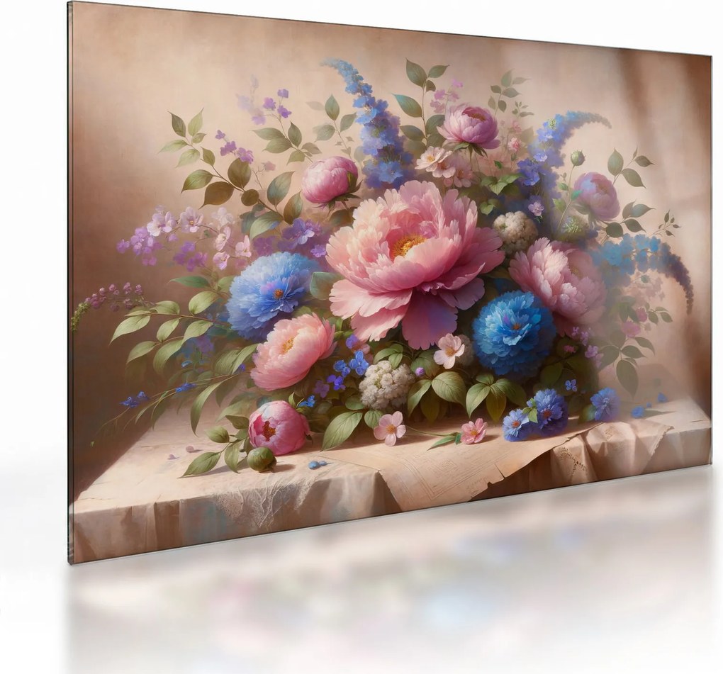 Tablou pe sticlă - Masă plină de flori (70x50 cm)