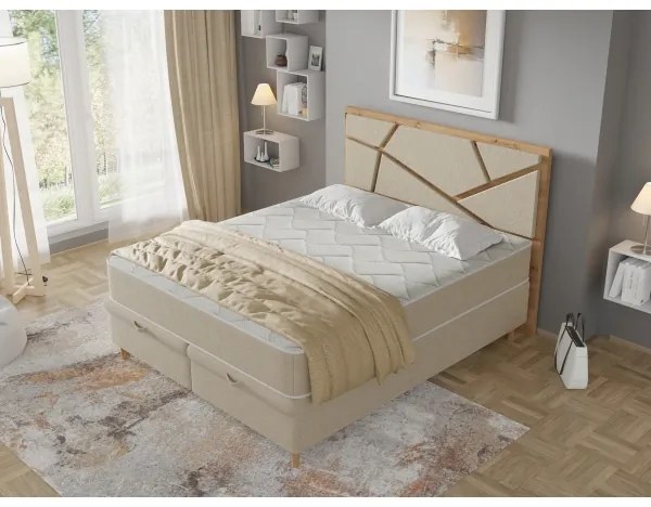 Pat tapițat NAOMI 160x200 cm, cu saltele și spațiu de depozitare, bej