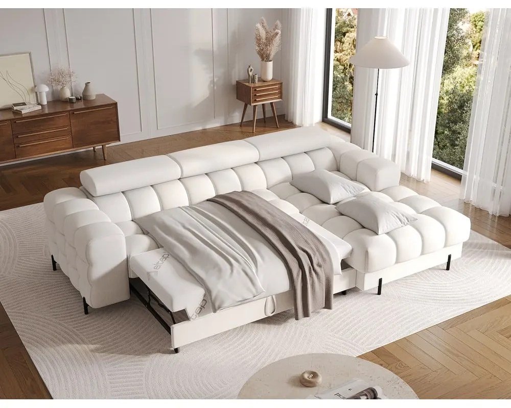 Colțar crem extensibil/cu spațiu de depozitare cu tapițerie din țesătură bouclé (cu colț pe partea dreaptă/cu șezlong) Felro – ELTAP