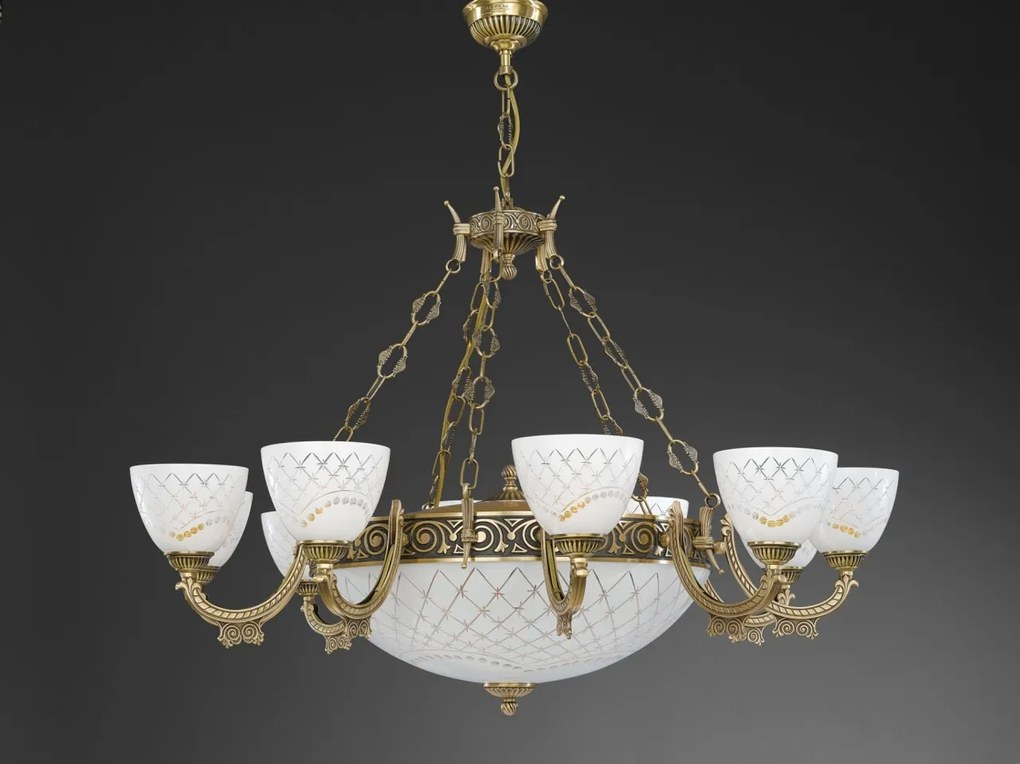 Candelabru cu 10 brate clasic design italian din alama, sticla 7052 RA-L. 7052/10+4