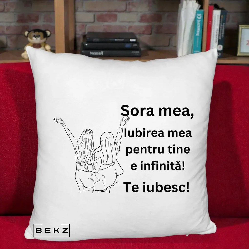 Cadou pentru Sora - Perna Personalizata Sora Mea Te Iubesc Line Art Doua Fete cu Brate Ridicate, 40x40 cm, Alb Pufos, Husa Detasabila, Perna Inclusa, BEKZ®
