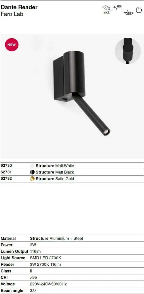 Aplica LED cu reader directionabil DANTE negru 3W 2700K