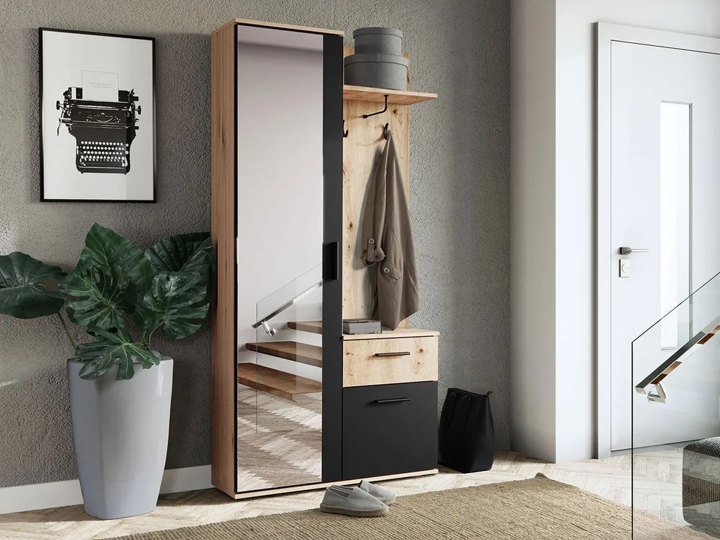 Mobilier hol Cless (Stejar artisan + Negru) (cu oglindă). 1104707