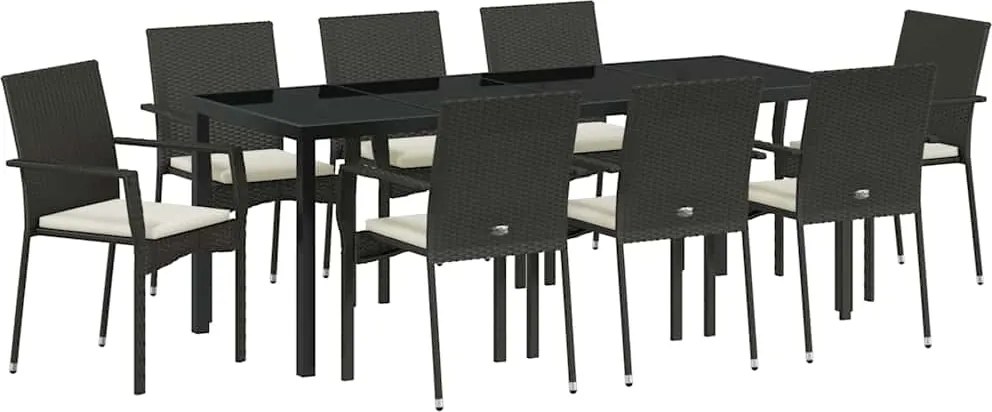 vidaXL Set de masă pentru grădină cu pernă 9 pcs Negru poliratan