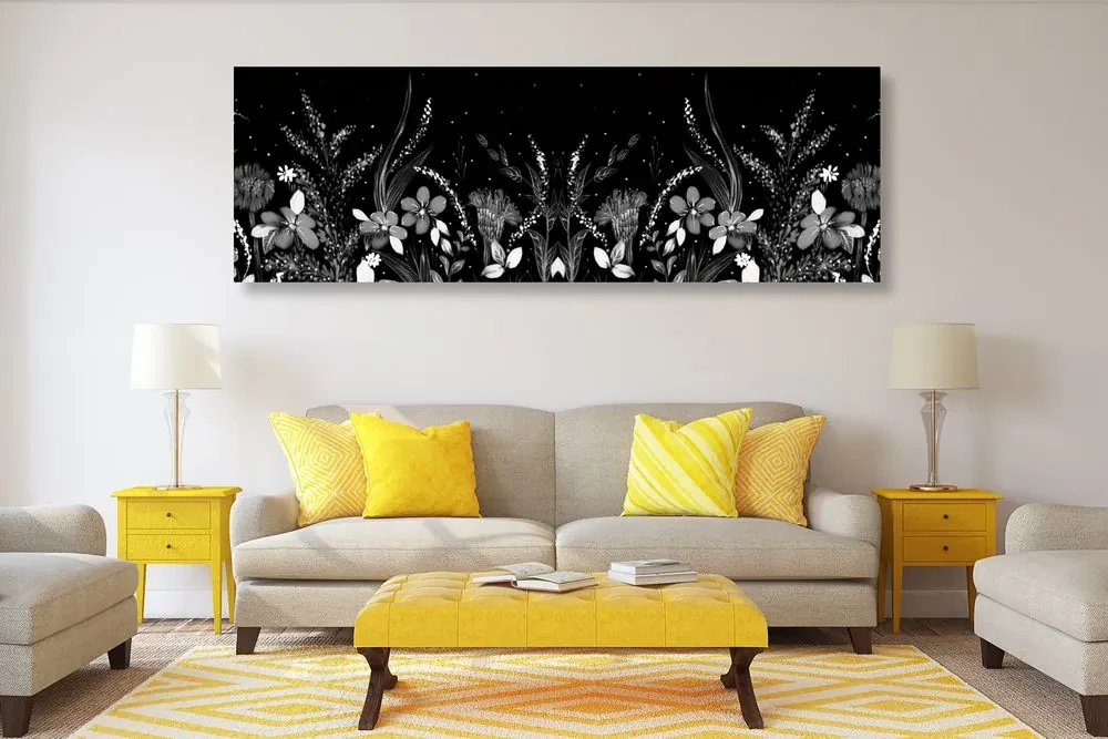 Tablou cu ornament floral în design alb-negru