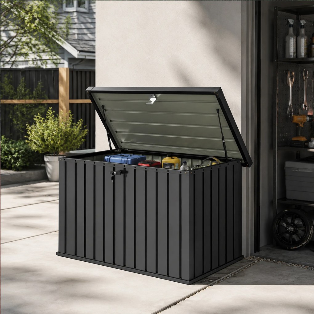 Outsunny Ladă de Depozitare Exterior 400L din Oțel Zincat, cu Încuietoare și 2 Chei, 124 x 66 x 72 cm, Negru | Aosom Romania