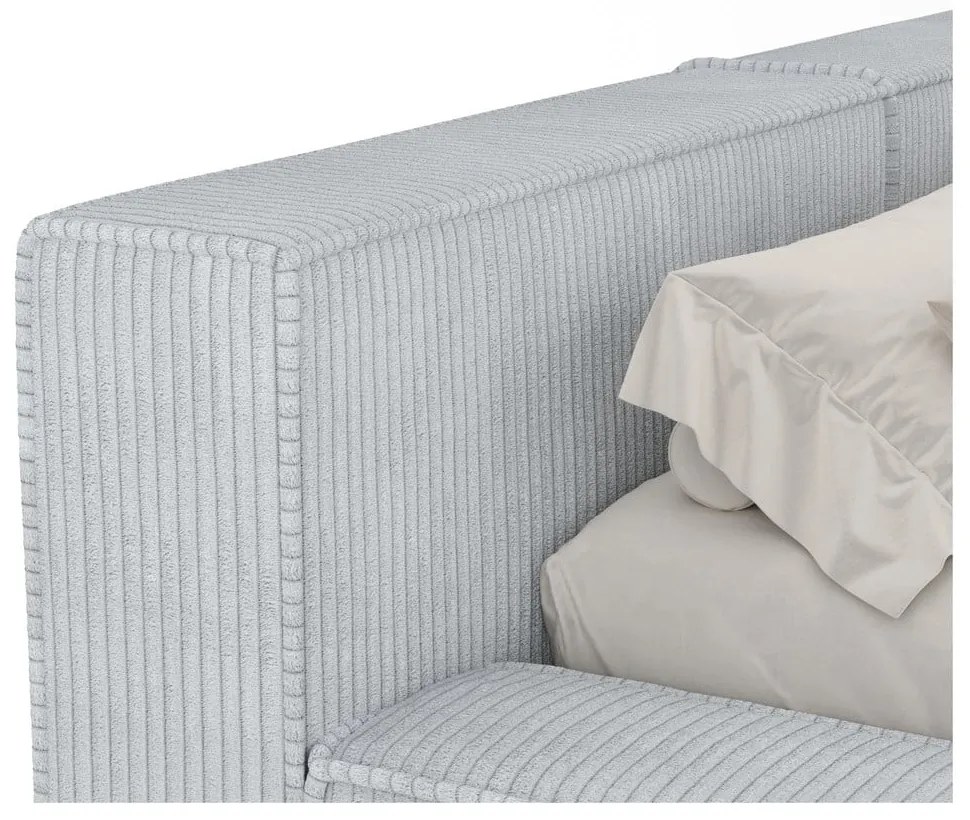 Pat matrimonial gri deschis tapițat cu spațiu de depozitare cu somieră 140x200 cm Voliera – Maison de Rêve