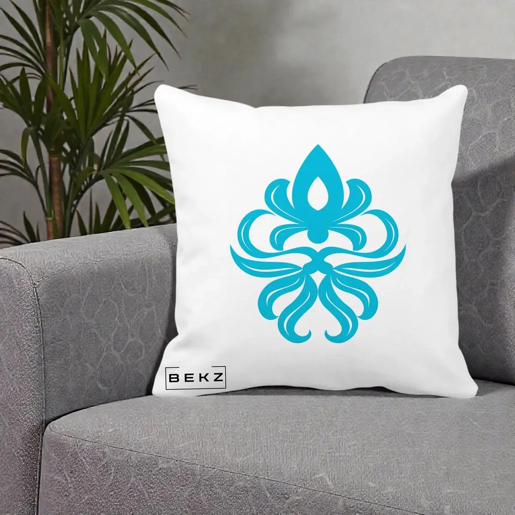 Perna Decorativa Ornament Turcoaz Fleur de Lis, 40x40 cm, Alba Mata, Husa Detasabila, Perna Inclusa, BEKZ®