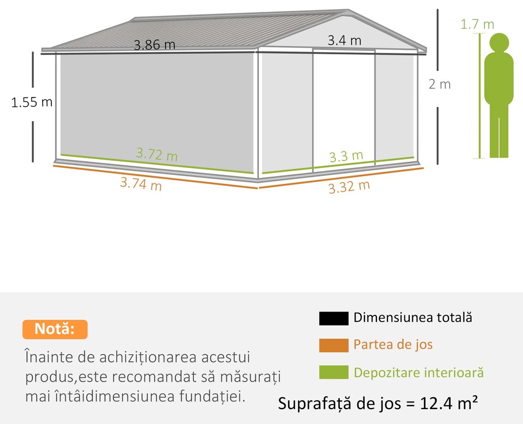 Outsunny magazie unelte, sopron din otel galvanizat, casuta de gradina pentru unelte de gradina 3.4x3.86x2m | AOSOM RO