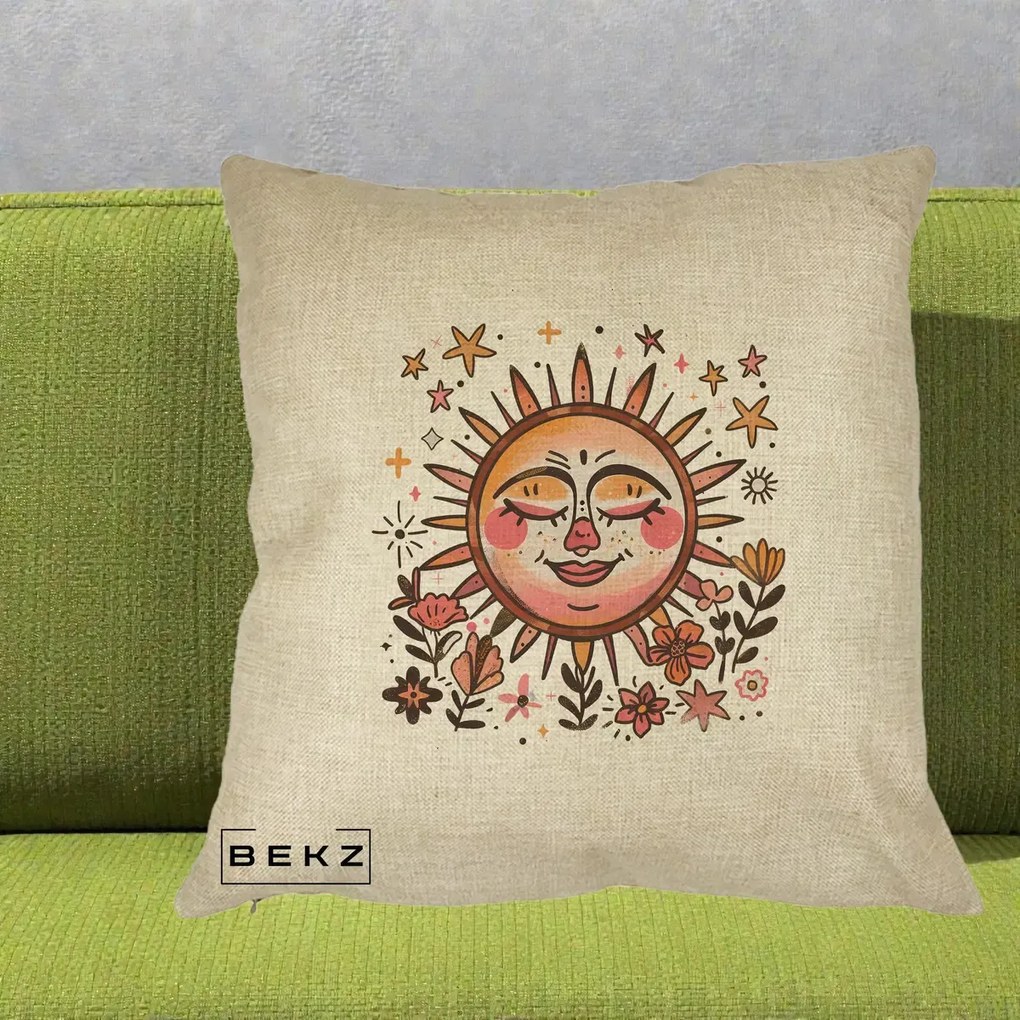 Perna Decorativa Soare Retro Boho Floral, 40x40 cm, Crem, Husa Detasabila, Perna Inclusa, BEKZ®