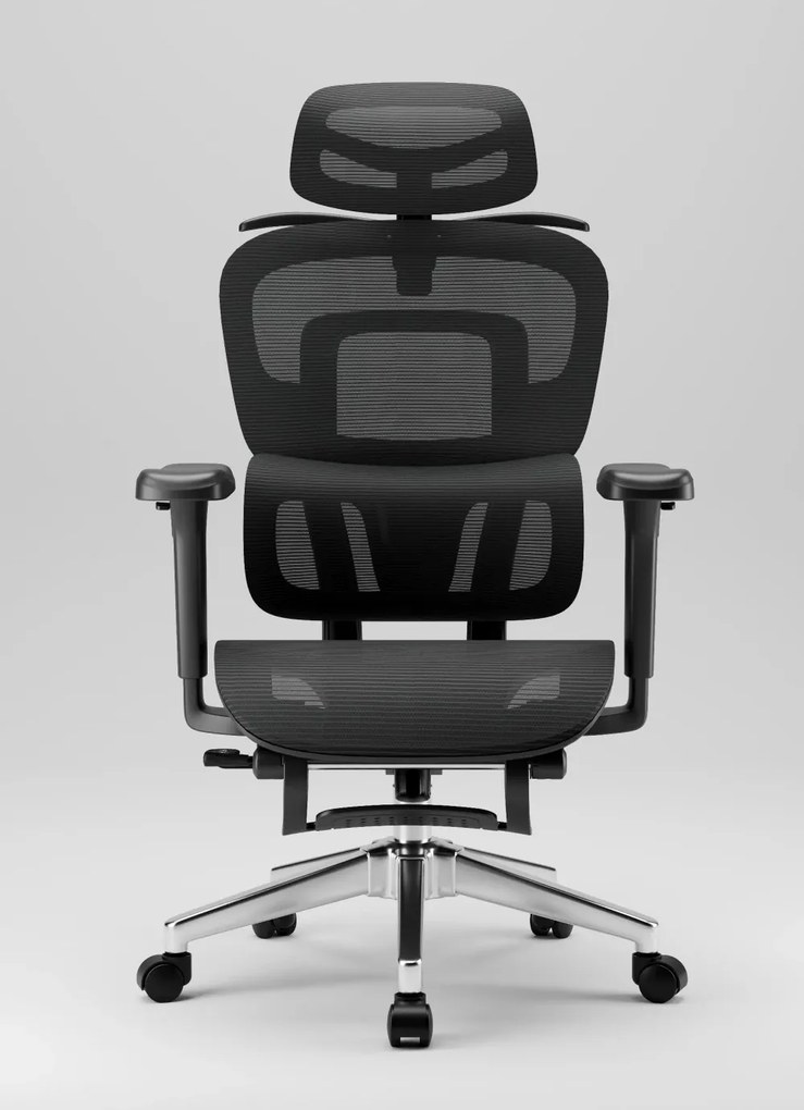 SIENA E15 Executive – Scaun Ergonomic cu Suport Lombar Reglabil pe Înălțime, Tetieră Reglabilă, Cotiere 3D, Șezut Extensibil, Reclinare 135°, Umeraș Integrat, Suport pentru Picioare și Bază Metalică, Mesh, Negru