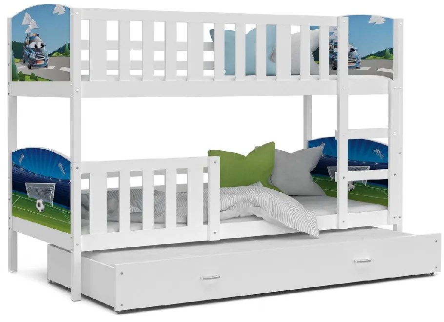Expedo Pat supraetajat copii DOBBY 3 COLOR cu imprimeu + saltea + somieră GRATIS, 190x80, alb/model D01/H08