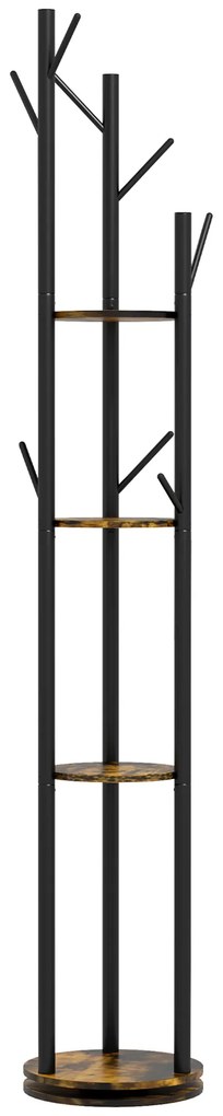 HOMCOM Suport Haine, Rotativ, cu 4 Rafturi și 8 Cârlige, stander haine pentru Hol, Dormitor, Living, 30x30x175 cm, Maro Rustic | Aosom Romania