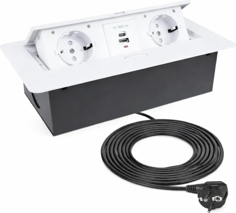Priză încorporabilă în blat Kombibox Design Light, 2 prize Schuko, USB A + C, alb, 266 x 133 mm Alb/Negru, Metal/Plastic