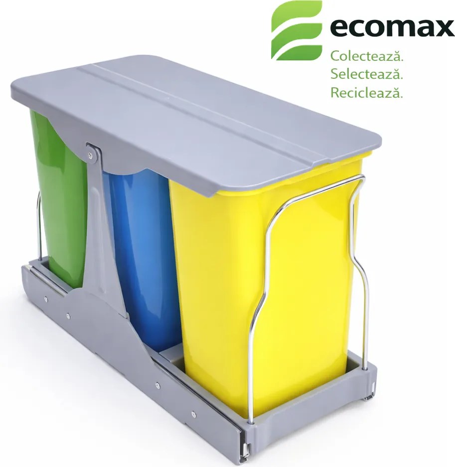 Cos gunoi incorporabil Ecomax Patty 30, colectare selectiva, 3 x 8 l Polipropilena Metal, Albastru Galben Verde, L:236 mm; H:360 mm; A:470 mm, 300