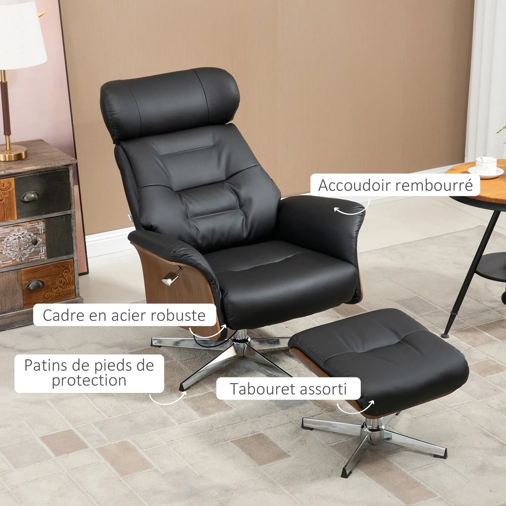 HOMCOM Fotoliu relax cu suport pentru picioare, fotoliu de relaxare cu spătar înclinabil, tetieră reglabilă, 80x84x108 cm, negru | Aosom Romania
