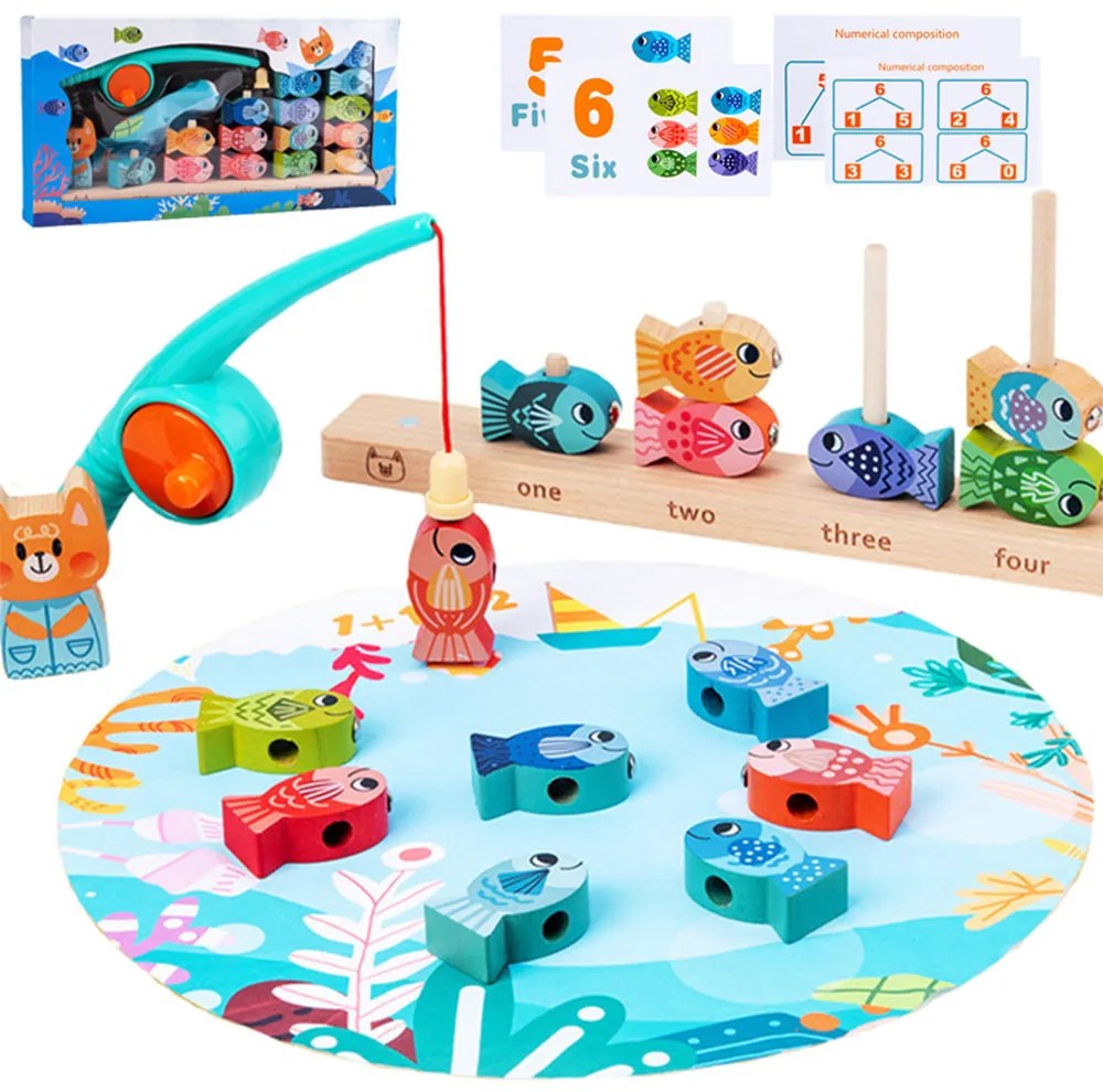 Jucărie magnetică din lemn pentru pescuit, pentru învățarea numerelor