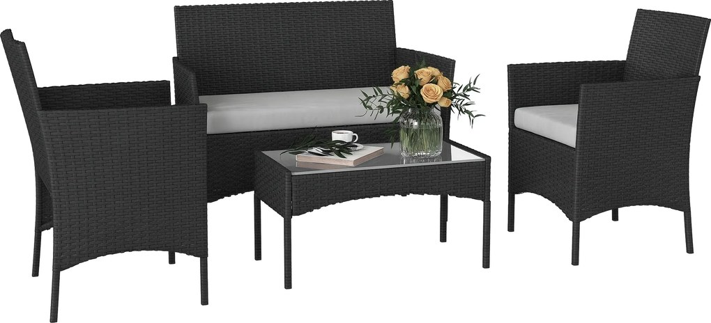 Outsunny Set mobilier de grădină exterior 4 persoane din rășină împletită cu canapele și măsuță din sticlă securizată perne incluse gri | Aosom Romania