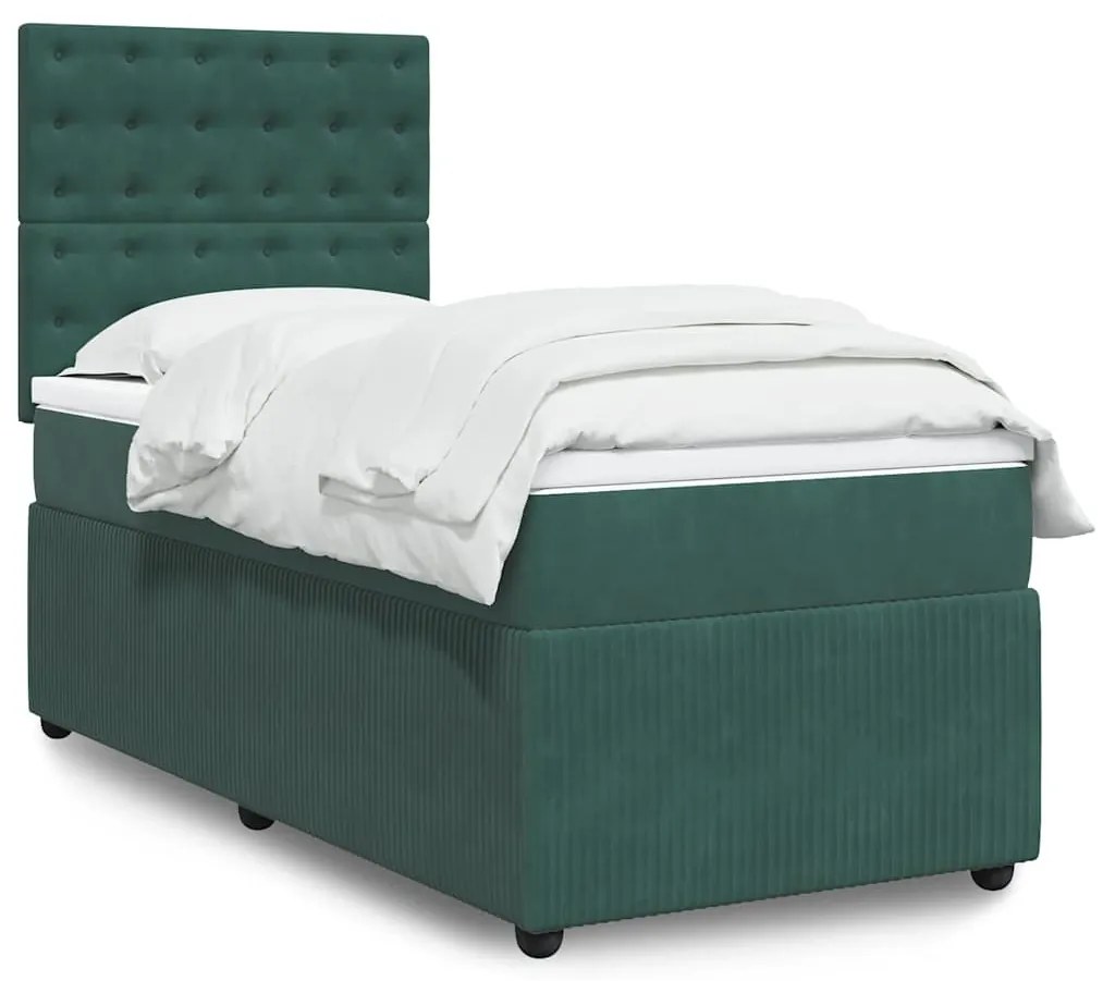 vidaXL Pat box spring cu saltea, verde închis, 100x200 cm, catifea