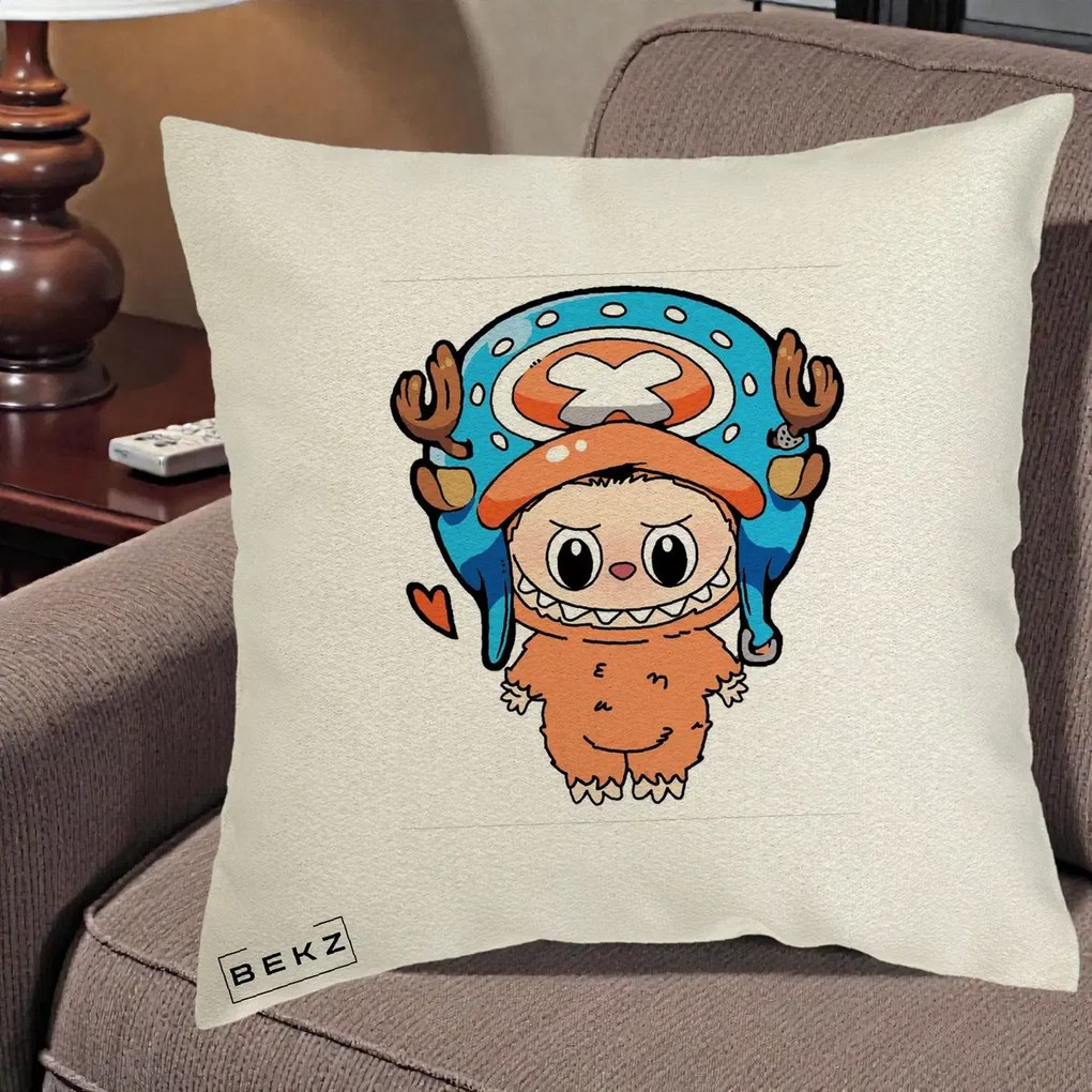 Perna Personalizata Labubu x Tony Tony Chopper, 40x40 cm, Ecru, Husa Detasabila, Perna Inclusa, BEKZ®