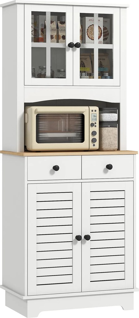 HOMCOM Dulap de bucătărie cu uși din sticlă, 2 sertare, dulap pentru veselă, dulap pentru sufragerie, lemn, 68 x 39,5 x 170 cm, Alb | Aosom Romania