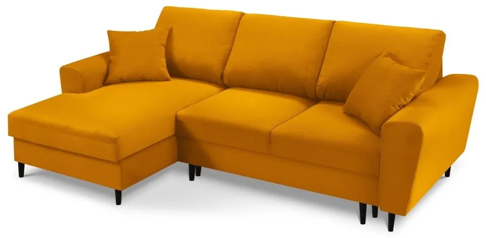 Colțar galben muștar extensibil, cu spațiu de depozitare cu tapițerie din catifea reiată (cu colț pe partea stângă, cu șezlong) Kyoto – Cosmopolitan Design