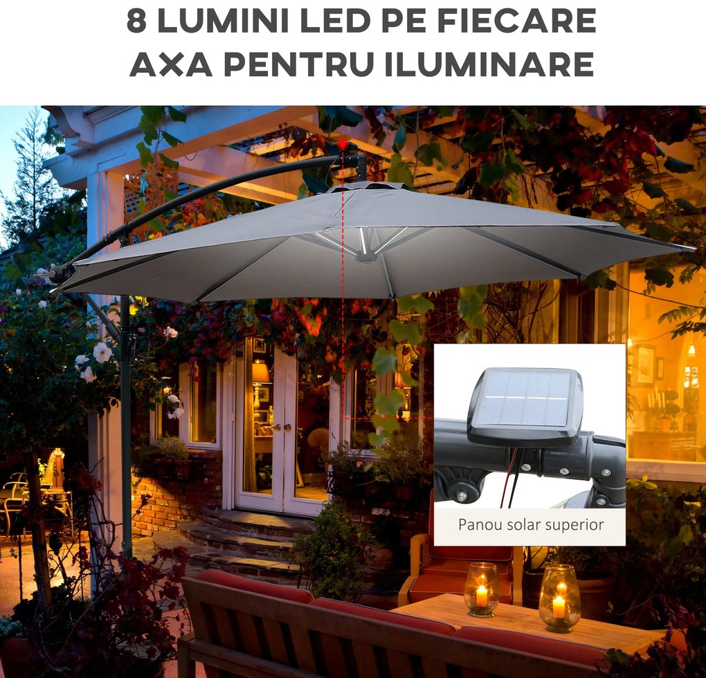 Outsunny Umbrelă Neagră cu Manivelă și Iluminare LED Solară 8 Benzi, Sistem de Deschidere Ușor, Φ300x245cm | Aosom Romania
