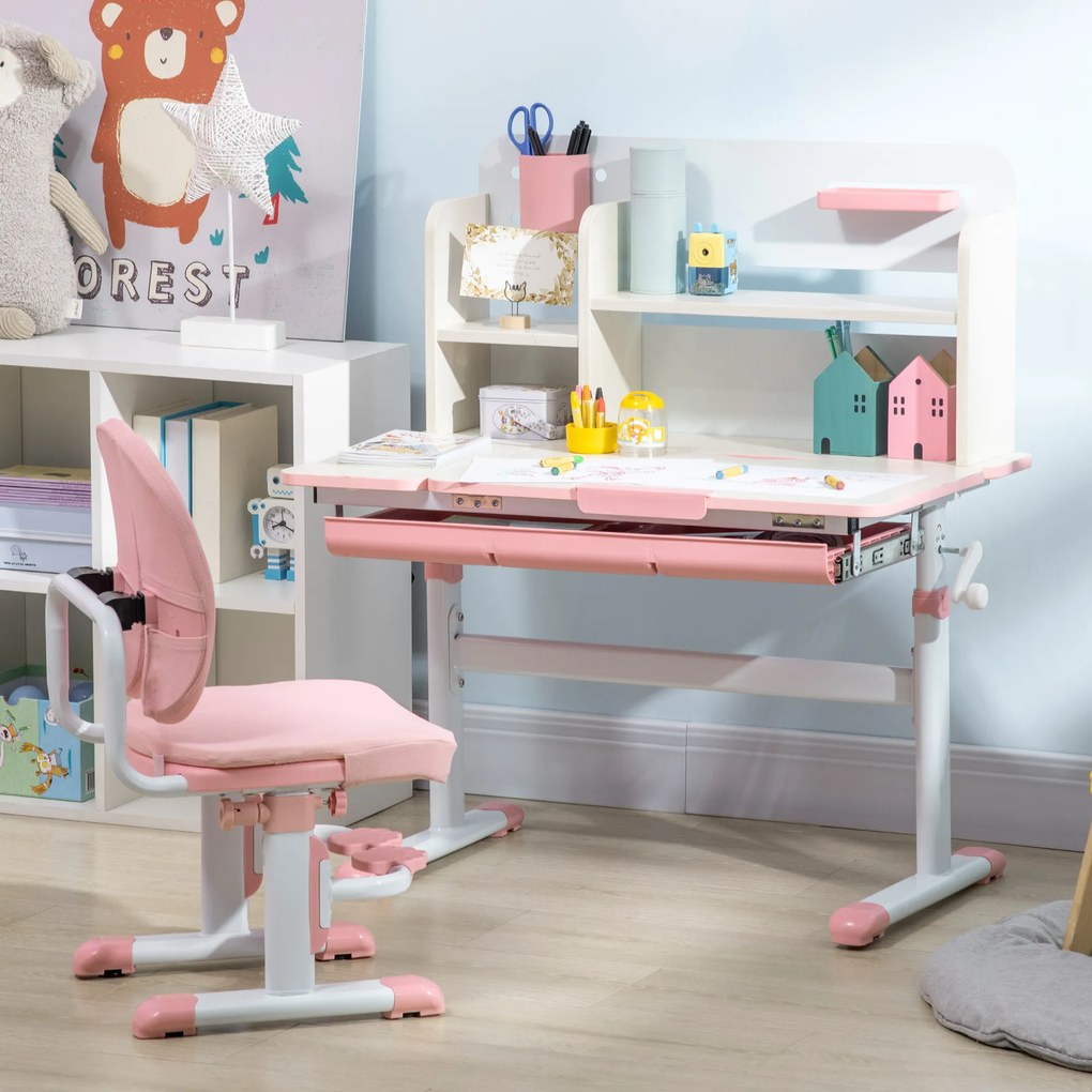 HOMCOM Set de Birou pentru Copii cu Înălțime Reglabilă, Masă de Studiu cu Raft și Spațiu de Depozitare, 80x52x88-109 cm, Roz | Aosom Romania