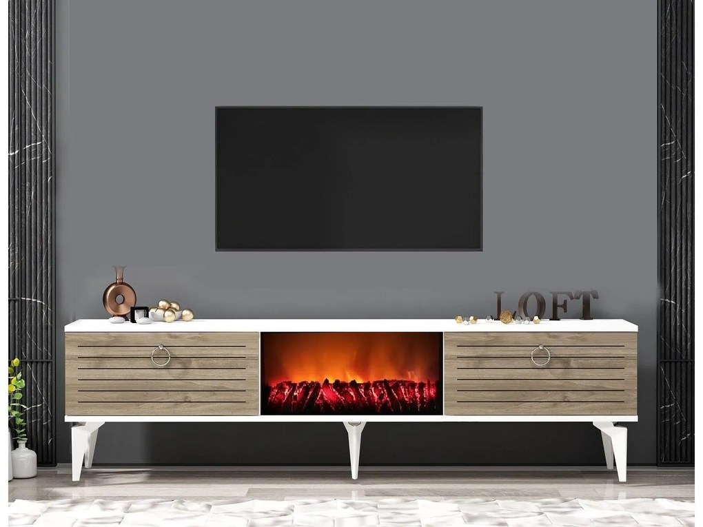 Masă TV/Dulap cu șemineu Sulotu 2 (alb + Nuc) . 1095518
