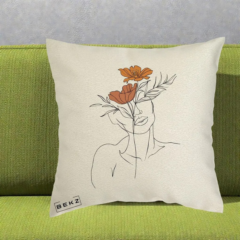 Perna Decorativa Portret Feminin Doua Flori, 40x40 cm, Ecru, Husa Detasabila, Perna Inclusa, BEKZ®