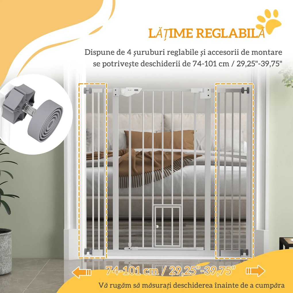PawHut Poartă Reglabilă pentru Câini Înaltă cu Ușă Mică și Închidere Automată, 74-101x104cm, Alb | Aosom Romania